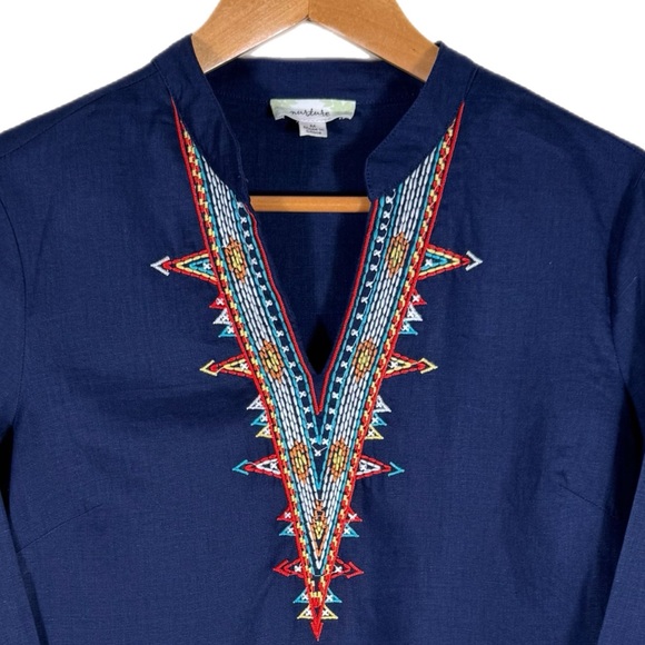 Nurture Woman’s 100% Linen Embroidered V-Neck Tunic M Aztec Southwestern Navy - Picture 2 of 8